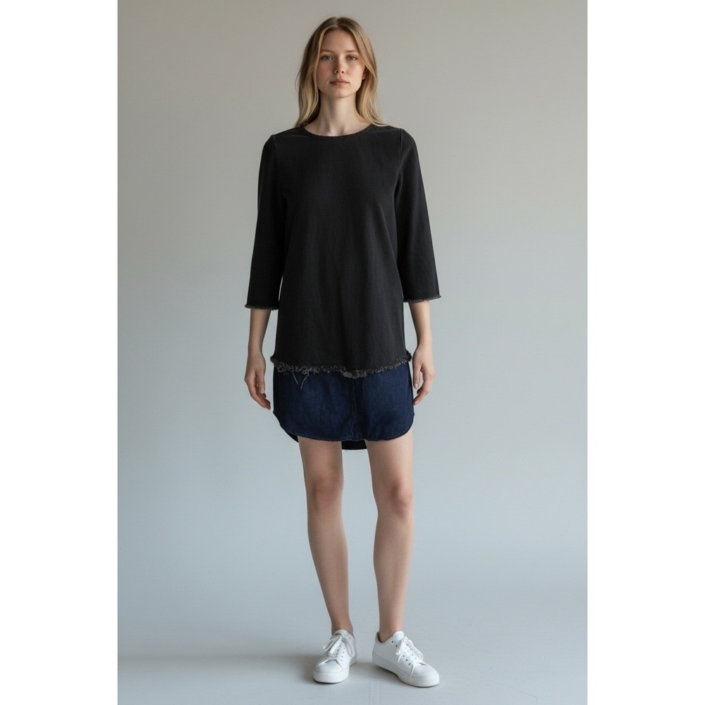 Zara Trafaluc Black Denim Frayed Hem Dress 3/4 Sleeve Back Zip‎ Womens XS
